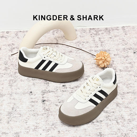 经典鲨2024年冬款百搭圆头时尚拼色加绒保暖德训鞋休闲鞋女KW356-D58081 商品图4