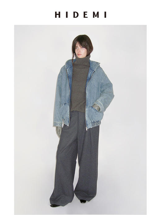 HIDEMI 水洗蓝做旧感牛仔连帽加厚款夹棉拉链式棉服外套大衣 商品图2