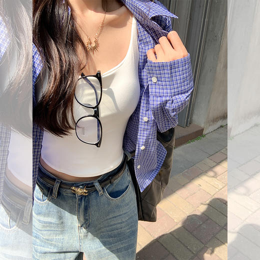 <曾小咸推荐>韩系宽松显瘦蓝色格子衬衫 商品图1