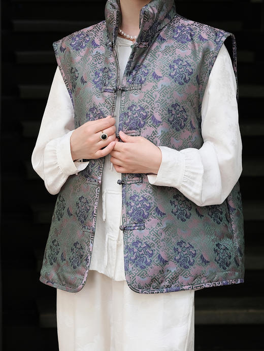 盛唐牡丹| 万寿无疆牡丹纹宋锦棉马甲 商品图1