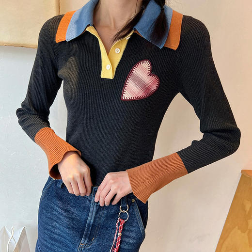 【顺丰包邮】51950 洛诗琳爱心双层撞色翻领短款针织衫741 商品图4