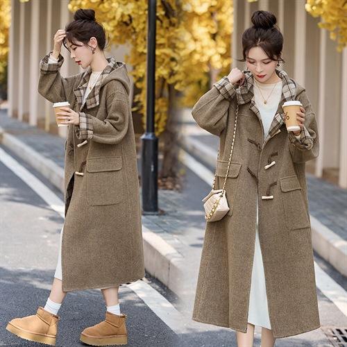 格纹拼接双面呢羊绒大衣女中长款2024秋冬连帽牛角扣减龄毛呢外套 商品图3