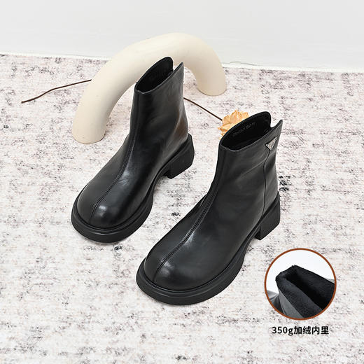 经典鲨2024年冬季新款纯色百搭圆头后拉链加绒保暖短筒靴女KW65-D58201 商品图4