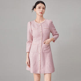 【hr】全新升级【铂金会员514/天猫689/差价175】(10929) 洛诗琳秋冬新款高端精品法式小香风圆领重工钉珠气质连衣裙