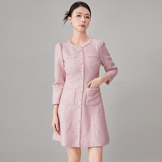 【hr】全新升级【铂金会员514/天猫689/差价175】(10929) 洛诗琳秋冬新款高端精品法式小香风圆领重工钉珠气质连衣裙 商品图0