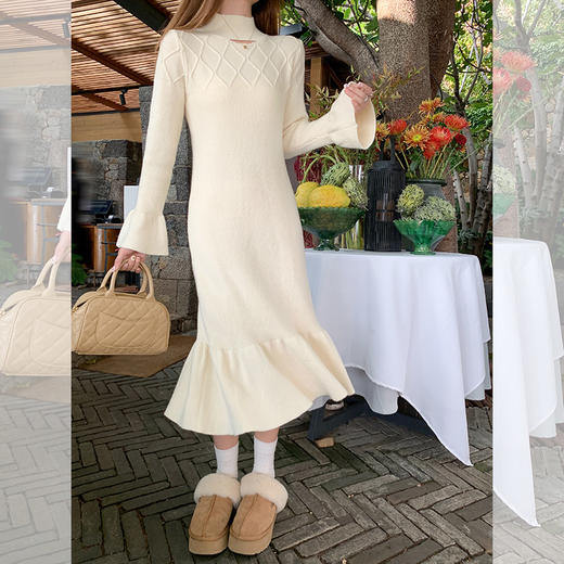 <曾小咸推荐>杏色镂空领毛织连衣裙 日常229.99/件 立减130 秒杀99.99/件！！ 商品图2