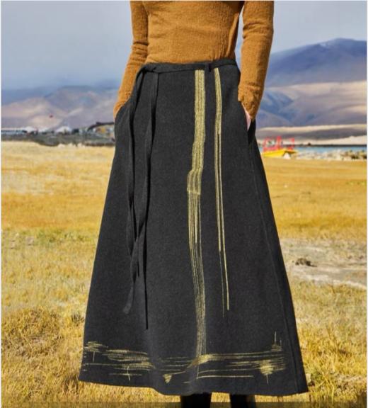 伯妮斯茵 | 新中式国风 金线水墨刺绣半身裙 系带大摆毛呢长裙 秋冬气质禅意裙 HJ3B62 商品图1