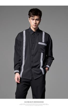 PINLI品立春季新款尖领绣花织带长袖衬衫潮牌时尚休闲男衬衣B243113030