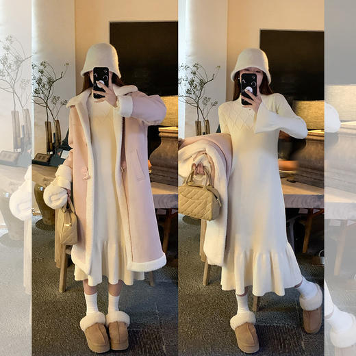 <曾小咸推荐>杏色镂空领毛织连衣裙 日常229.99/件 立减130 秒杀99.99/件！！ 商品图3