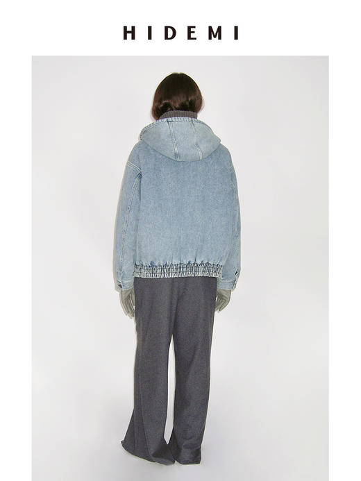 HIDEMI 水洗蓝做旧感牛仔连帽加厚款夹棉拉链式棉服外套大衣 商品图4