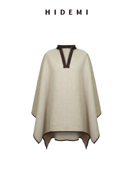 HIDEMI 进口羊麂皮拼接极简廓形设计感澳洲美利奴羊毛撞色斗篷披肩大衣 商品图8