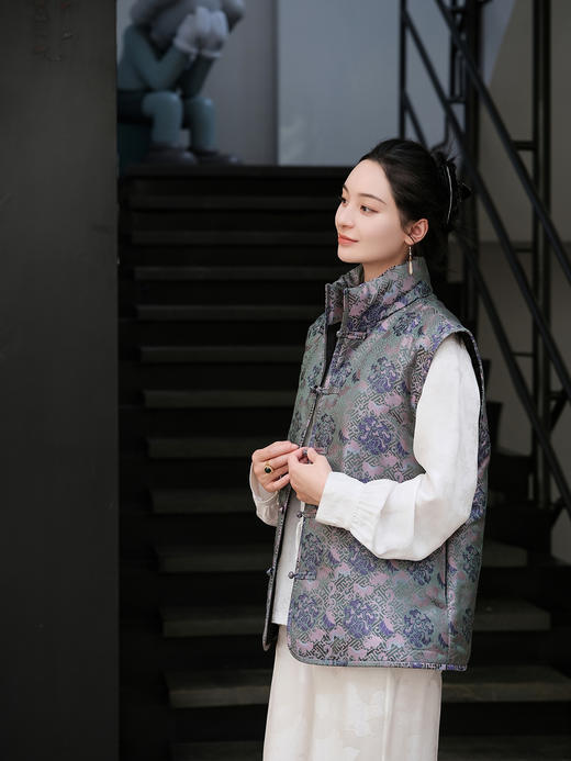 盛唐牡丹| 万寿无疆牡丹纹宋锦棉马甲 商品图5