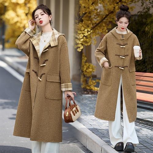 格纹拼接双面呢羊绒大衣女中长款2024秋冬连帽牛角扣减龄毛呢外套 商品图2