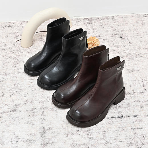 经典鲨2024年冬季新款纯色百搭圆头后拉链加绒保暖短筒靴女KW65-D58201 商品图5