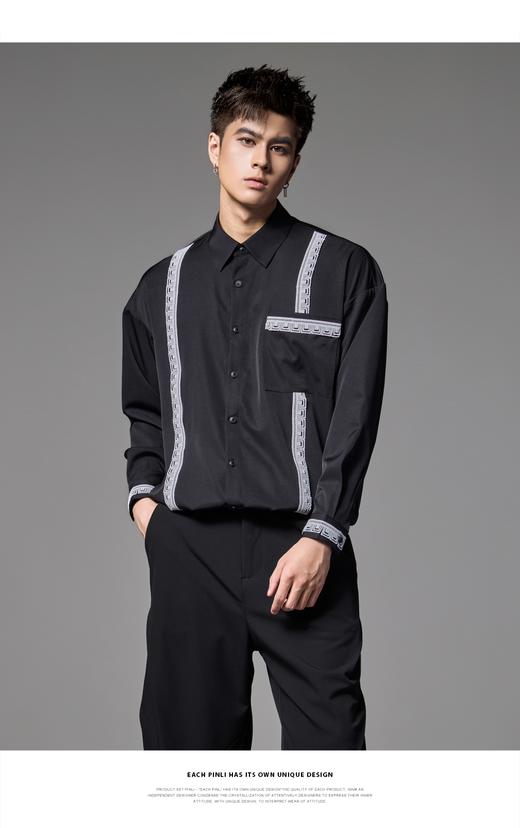 PINLI品立春季新款尖领绣花织带长袖衬衫潮牌时尚休闲男衬衣B243113030 商品图6
