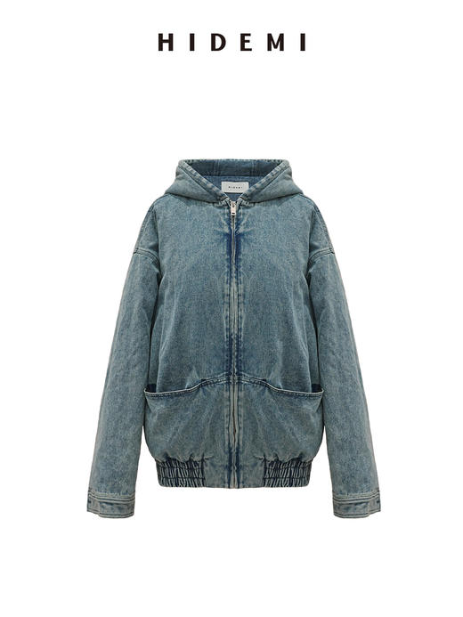 HIDEMI 水洗蓝做旧感牛仔连帽加厚款夹棉拉链式棉服外套大衣 商品图5