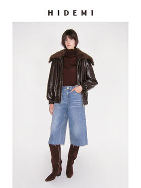 HIDEMI 极简翻领毛毛领设计感口袋廓形飞行员夹克环保皮蛋白皮夹棉加厚款外套皮棉服皮衣