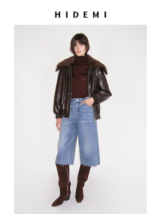 HIDEMI 极简翻领毛毛领设计感口袋廓形飞行员夹克环保皮蛋白皮夹棉加厚款外套皮棉服皮衣 商品图0