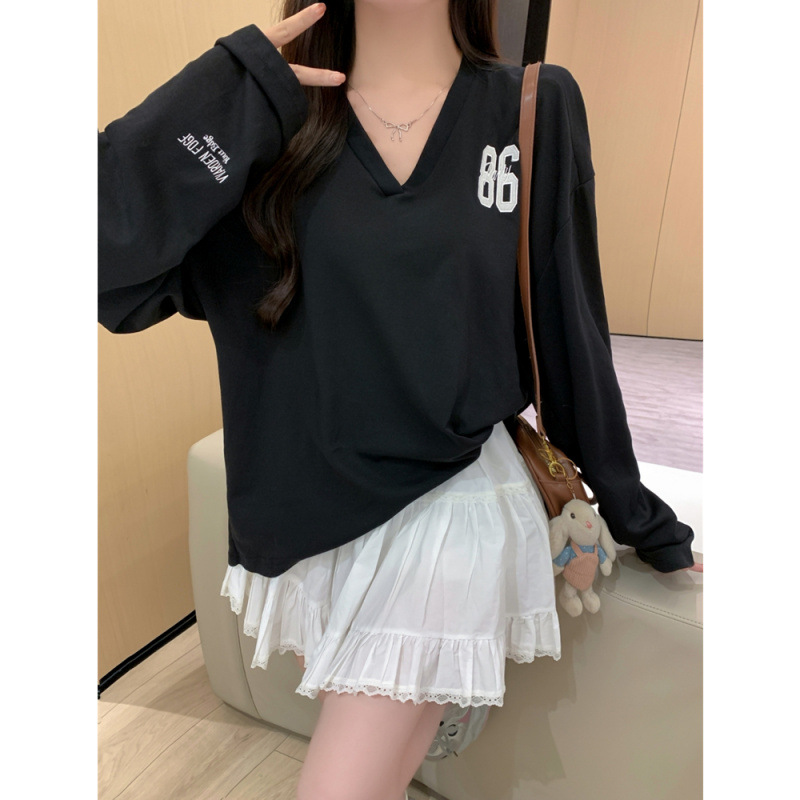 黑色印花宽松简约纯棉美式复古v领设计感上衣ins长袖T恤女刺绣