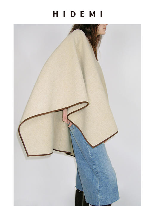 HIDEMI 进口羊麂皮拼接极简廓形设计感澳洲美利奴羊毛撞色斗篷披肩大衣 商品图6
