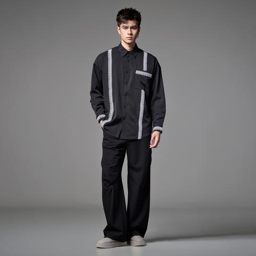 PINLI品立春季新款尖领绣花织带长袖衬衫潮牌时尚休闲男衬衣B243113030 商品图4