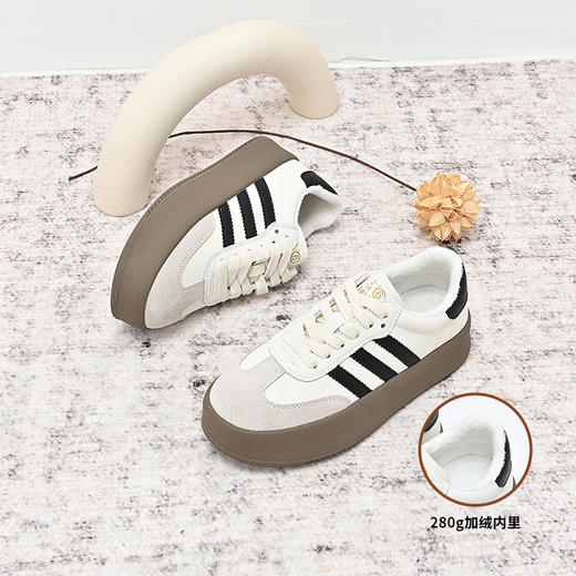 经典鲨2024年冬款百搭圆头时尚拼色加绒保暖德训鞋休闲鞋女KW356-D58081 商品图5