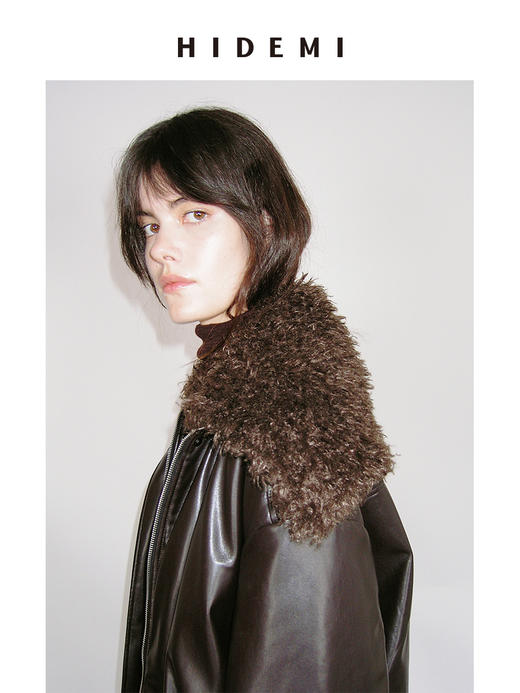 HIDEMI 极简翻领毛毛领设计感口袋廓形飞行员夹克环保皮蛋白皮夹棉加厚款外套皮棉服皮衣 商品图3