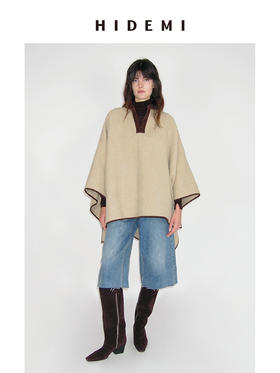 HIDEMI 进口羊麂皮拼接极简廓形设计感澳洲美利奴羊毛撞色斗篷披肩大衣