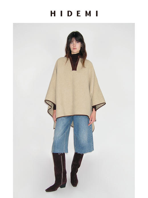 HIDEMI 进口羊麂皮拼接极简廓形设计感澳洲美利奴羊毛撞色斗篷披肩大衣 商品图0