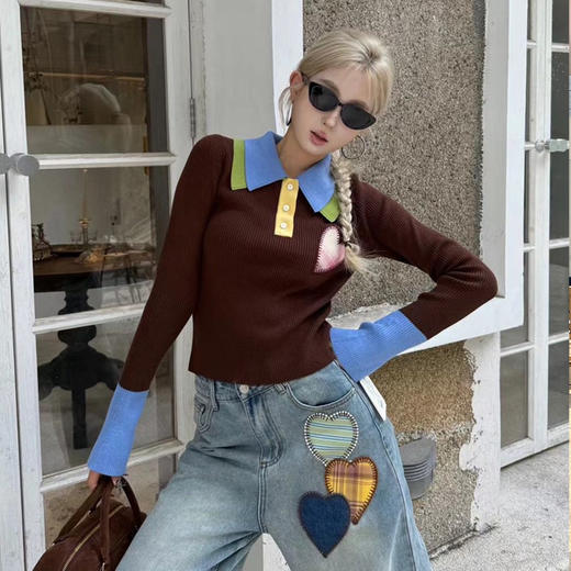 【顺丰包邮】51950 洛诗琳爱心双层撞色翻领短款针织衫741 商品图1