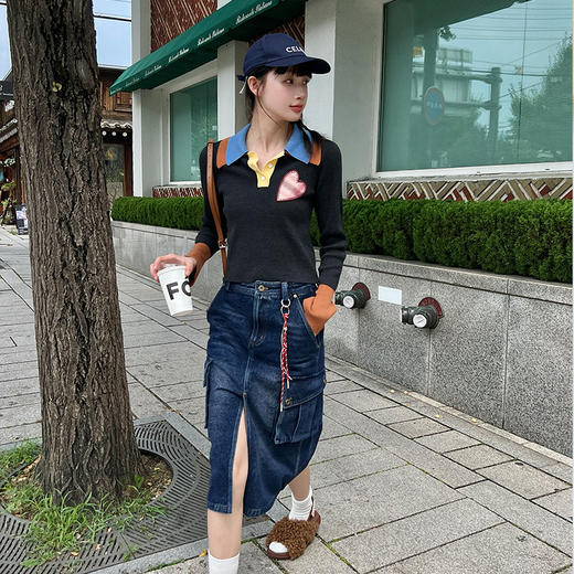 【顺丰包邮】51950 洛诗琳爱心双层撞色翻领短款针织衫741 商品图3