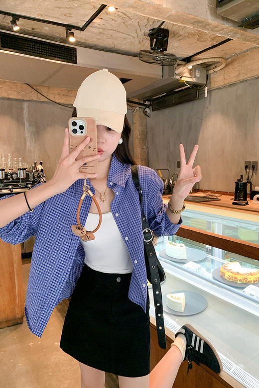 <曾小咸推荐>韩系宽松显瘦蓝色格子衬衫 商品图5