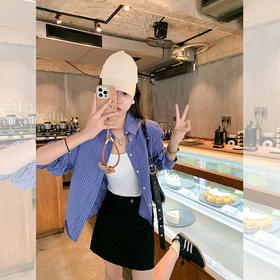 <曾小咸推荐>韩系宽松显瘦蓝色格子衬衫