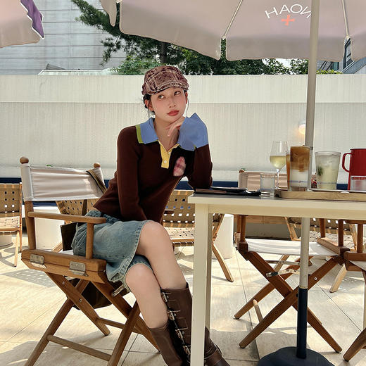 【顺丰包邮】51950 洛诗琳爱心双层撞色翻领短款针织衫741 商品图2