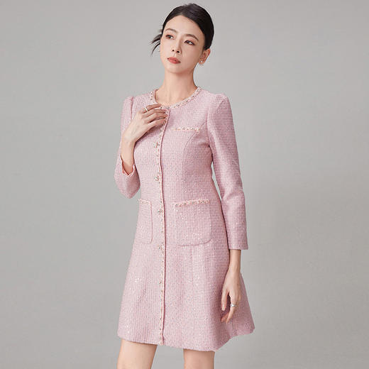 【hr】全新升级【铂金会员514/天猫689/差价175】(10929) 洛诗琳秋冬新款高端精品法式小香风圆领重工钉珠气质连衣裙 商品图1