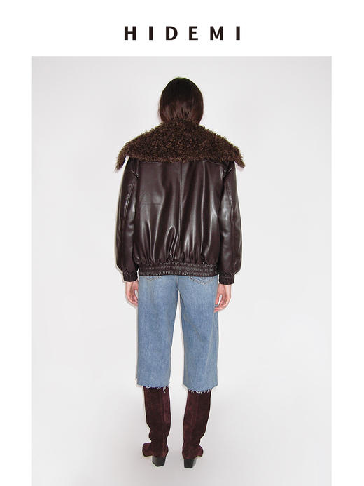 HIDEMI 极简翻领毛毛领设计感口袋廓形飞行员夹克环保皮蛋白皮夹棉加厚款外套皮棉服皮衣 商品图4