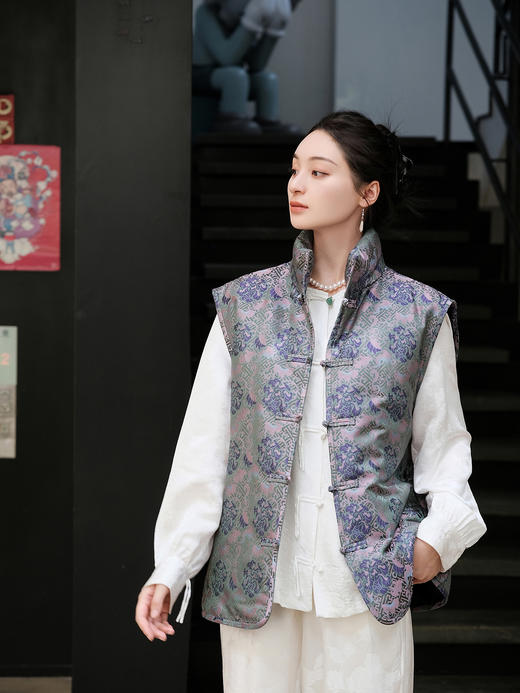 盛唐牡丹| 万寿无疆牡丹纹宋锦棉马甲 商品图0