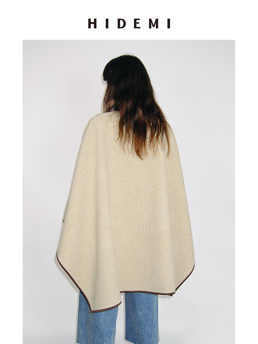 HIDEMI 进口羊麂皮拼接极简廓形设计感澳洲美利奴羊毛撞色斗篷披肩大衣 商品图7