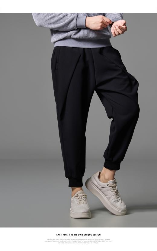 PINLI品立秋季新款宽松束脚九分裤男士潮牌个性黑色休闲裤子B243117051 商品图7