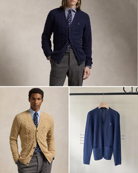 单品包邮现货 THS 无 RL马球男士 源厂尖尾PRL 羊毛羊绒Cable Knit绞花针织V领开衫 3色 AM1140