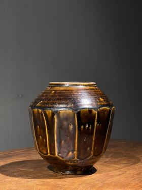 磁州窑褐饴釉十四面片取罐，顺丰包邮