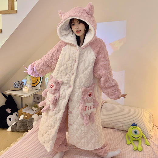 可爱三眼仔三层夹棉睡袍女冬季连帽加厚保暖棉袄甜美家居服套装 商品图4