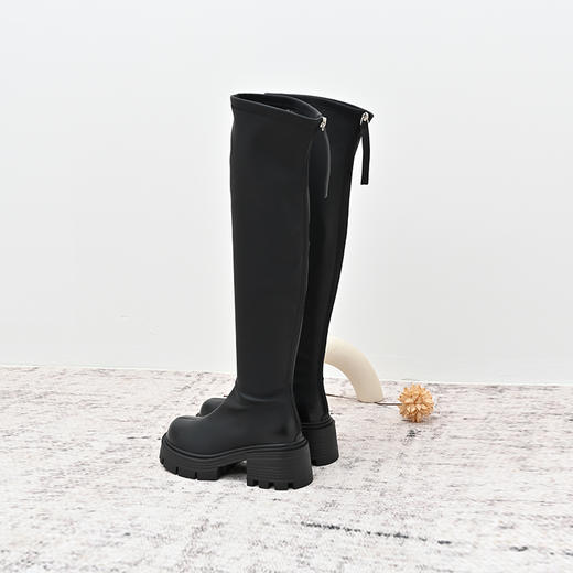 经典鲨2024年冬新款百搭圆头平底加绒过膝显瘦时装弹力靴女KW79-D58061 商品图2