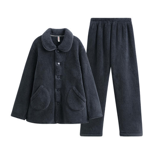 法兰绒睡衣男冬季翻领开衫珊瑚绒加绒加厚保暖套装芬腾 商品图0
