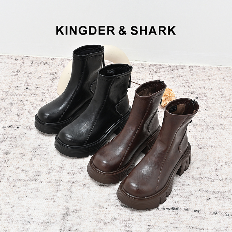 经典鲨2024年冬季新款百搭圆头后拉链加绒御寒时装短筒靴女KW230-D58031