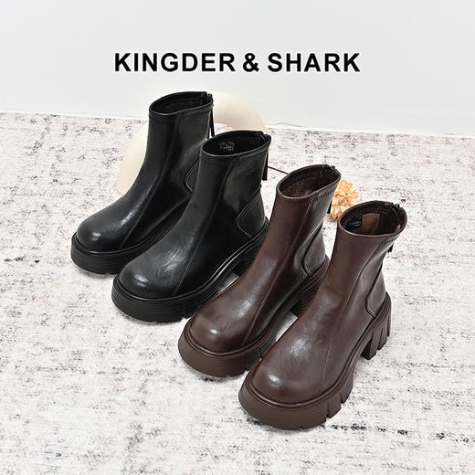 经典鲨2024年冬季新款百搭圆头后拉链加绒御寒时装短筒靴女KW230-D58031 商品图0
