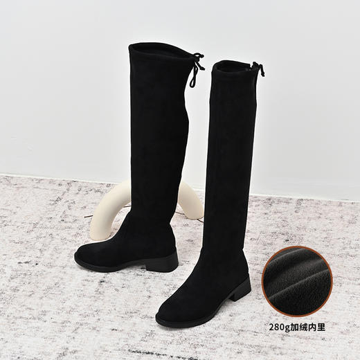 经典鲨2024年冬季款过膝圆头中粗跟加绒显瘦长筒靴弹力靴女KW87-D58051 商品图4