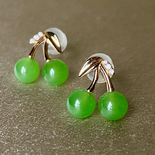 18K玫瑰金和田玉（碧玉）镶钻耳钉--樱桃/圆珠直径5mm/苹果绿 商品图0