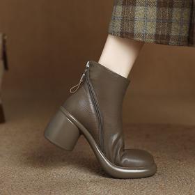 【预售5天】冬新款真皮厚底圆头英伦风马丁靴女粗跟松糕底卡其色复古短靴ZYY&A1072