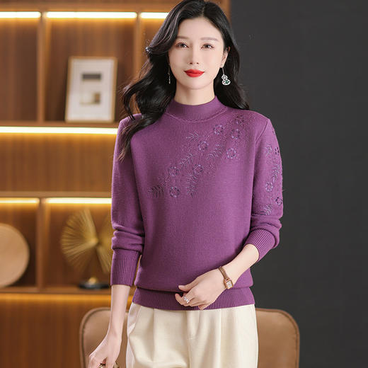 一体绒针织衫时尚绣花毛衣，半高领针织保暖打底衫CC-NN-5655 商品图2